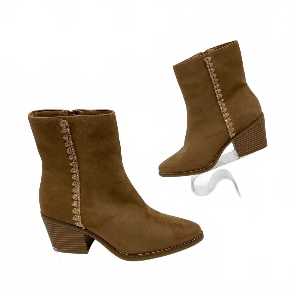 MIA Tan Faux Suede Bootie | Women’s US 8, Embroidered Accent